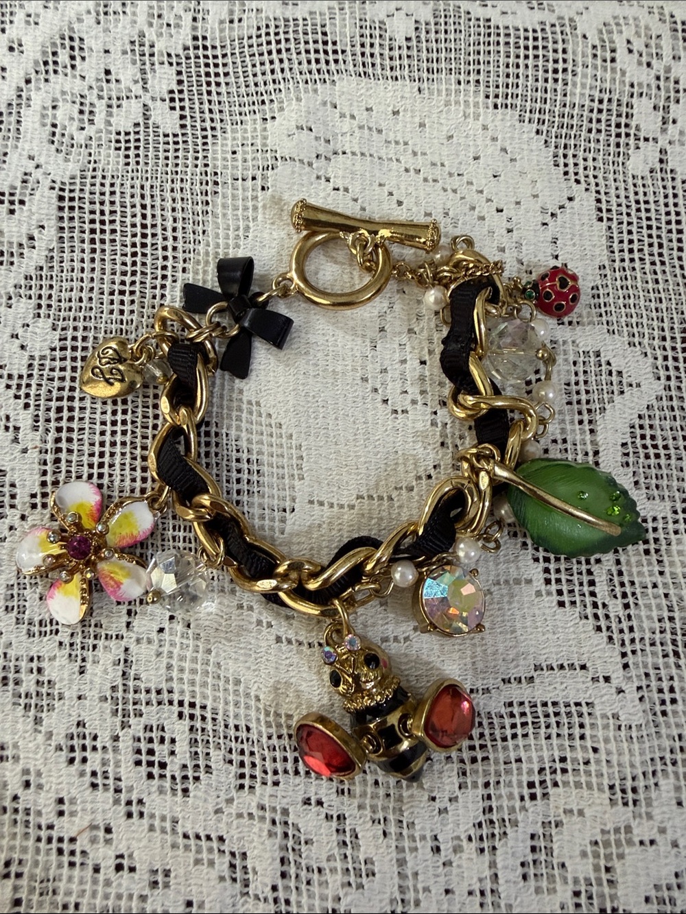 Betsey Johnson Charm Bracelet Bee Ladybug Flower Black Ribbon Gold Tone